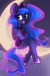 Size: 1200x1800 | Tagged: safe, artist:sakukitty, imported from derpibooru, princess luna, alicorn, anthro, unguligrade anthro, clothes, crescent moon, crown, cute, dress, ear piercing, earring, ethereal mane, ethereal tail, female, happy, jewelry, looking at you, lunabetes, moon, open mouth, piercing, regalia, see-through, smiling, solo, tangible heavenly object