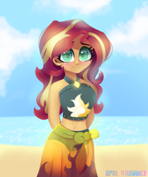 Size: 2669x3200 | Tagged: safe, artist:opal_radiance, imported from derpibooru, sunset shimmer, equestria girls, arm behind back, belly button, blushing, clothes, colored pupils, cute, high res, looking at you, midriff, shimmerbetes, smiling, solo, speedpaint, swimsuit