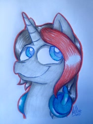 Size: 720x960 | Tagged: safe, artist:millefaller, imported from derpibooru, oc, oc only, pony, unicorn, bust, horn, signature, solo, traditional art, unicorn oc