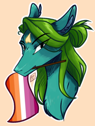 Size: 1536x2048 | Tagged: safe, artist:artfestation, imported from derpibooru, oc, oc only, earth pony, pony, bust, ear fluff, earth pony oc, lesbian pride flag, mouth hold, orange background, pride, pride flag, signature, simple background, solo