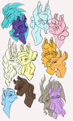 Size: 1500x2500 | Tagged: safe, artist:artfestation, imported from derpibooru, applejack, autumn blaze, cheese sandwich, discord, dumbbell, fluttershy, party favor, pinkie pie, princess ember, rainbow dash, rarity, twilight sparkle, draconequus, dragon, earth pony, kirin, pegasus, siren, unicorn, appledash, autumnshy, bust, cheesejack, discolight, dumbdash, emberity, female, glasses, lesbian, limited palette, male, mane six, mare, partial color, partypie, shipping, simple background, stallion, straight