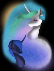 Size: 360x468 | Tagged: safe, artist:aonairfaol, imported from derpibooru, princess celestia, princess luna, alicorn, pony, black background, bust, duo, ethereal mane, eyes closed, horn, simple background