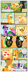 Size: 612x1552 | Tagged: safe, artist:newbiespud, edit, edited screencap, imported from derpibooru, screencap, applejack, fluttershy, pinkie pie, rainbow dash, rarity, spike, twilight sparkle, dragon, earth pony, pegasus, pony, unicorn, comic:friendship is dragons, magical mystery cure, the best night ever, a true true friend, applejack's hat, bipedal, bucking, comic, cowboy hat, element of generosity, element of honesty, element of loyalty, element of magic, eye reflection, female, glowing horn, hat, horn, magic, magic aura, male, nose in the air, outdoors, pinkamena diane pie, reflection, screencap comic, sweet apple acres, tree, unicorn twilight