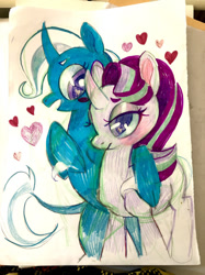 Size: 500x667 | Tagged: safe, artist:radfrankie, imported from derpibooru, starlight glimmer, trixie, classical unicorn, pony, unicorn, cloven hooves, curved horn, female, heart, horn, leonine tail, lesbian, shipping, startrix, traditional art, unshorn fetlocks