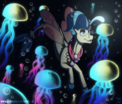 Size: 1304x1112 | Tagged: safe, artist:inuhoshi-to-darkpen, imported from derpibooru, princess skystar, jellyfish, seapony (g4), my little pony: the movie, bioluminescent, black background, blue eyes, blue mane, bubble, dorsal fin, female, fin wings, fins, fish tail, flower, flower in hair, flowing tail, freckles, glow, glowing, jewelry, monochrome, necklace, ocean, open mouth, pearl necklace, seashell necklace, simple background, smiling, swimming, tail, underwater, water, wings