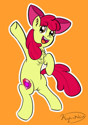 Size: 1415x2000 | Tagged: safe, artist:kyanicu, imported from derpibooru, apple bloom, earth pony, pony, bipedal, chest fluff, ear fluff, female, filly, open mouth, open smile, smiling, solo, waving