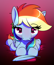 Size: 800x960 | Tagged: safe, artist:dacaoo, imported from derpibooru, rainbow dash, pegasus, pony, blushing, eye clipping through hair, eyebrows, eyebrows visible through hair, feather, heart eyes, heartfeather, looking at you, lying down, prone, solo, wingding eyes