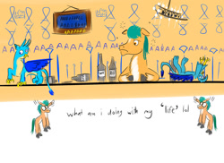 Size: 1024x745 | Tagged: safe, artist:horsesplease, imported from derpibooru, gallus, hitch trailblazer, earth pony, pony, aaaaaaaaaa, alcohol, bar, beer, bottle, chandelier, derp, doodle, drunk, flying, g5, sad hitch