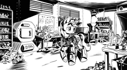 Size: 4256x2364 | Tagged: safe, artist:lexx2dot0, imported from derpibooru, snips, oc, oc:blackjack, cyborg, pony, unicorn, fallout equestria, fallout equestria: project horizons, series:ph together we reread, amputee, black and white, clothes, cybernetic legs, fanfic art, grayscale, horn, monochrome, pipbuck, small horn