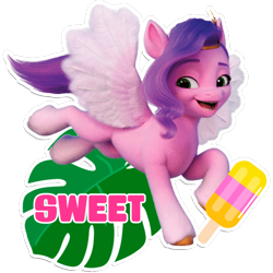 Size: 512x512 | Tagged: safe, imported from derpibooru, pipp petals, pegasus, pony, dairy queen, female, food, g5, leaf, mare, my little pony: a new generation, official, popsicle, simple background, sticker, text, transparent background