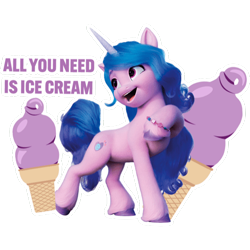 Size: 512x512 | Tagged: safe, imported from derpibooru, izzy moonbow, pony, unicorn, dairy queen, female, food, g5, ice cream, mare, my little pony: a new generation, official, simple background, solo, sticker, text, transparent background