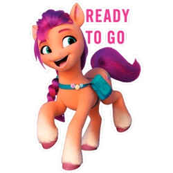 Size: 512x512 | Tagged: safe, imported from derpibooru, sunny starscout, earth pony, pony, badge, bag, dairy queen, female, g5, mare, my little pony: a new generation, official, satchel, simple background, solo, sticker, text, transparent background