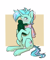 Size: 2500x3000 | Tagged: safe, artist:rover, artist:rrrover, imported from derpibooru, oc, oc only, pony, turtle, unicorn, abstract background, blushing, clothes, cozy, cute, hat, high res, hug, plushie, scarf, solo