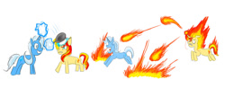 Size: 1024x482 | Tagged: safe, artist:horsesplease, imported from derpibooru, sunset shimmer, trixie, fire pony, pony, unicorn, angry, bonk, chase, duo, duo female, female, fiery shimmer, fire, fireball, frying pan, laughing, magic, mane of fire, running, schadenfreude, sunset shimmer is not amused, unamused, walking campfire