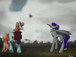 Size: 4000x3000 | Tagged: safe, artist:rover, artist:rrrover, imported from derpibooru, bat pony, earth pony, pegasus, pony, cloud, cloudy, field, fully shaded, gun, mountain, weapon