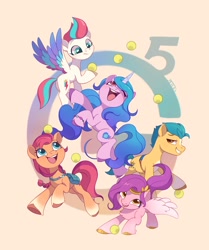 Size: 1710x2048 | Tagged: safe, artist:drtuo4, imported from derpibooru, hitch trailblazer, izzy moonbow, pipp petals, sunny starscout, zipp storm, earth pony, pegasus, pony, unicorn, adorapipp, adorazipp, badge, bag, ball, cute, female, g5, hitchbetes, izzy's tennis ball, izzybetes, male, mane five (g5), mare, satchel, stallion, sunnybetes, tennis ball