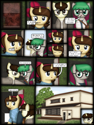 Size: 1750x2333 | Tagged: safe, artist:99999999000, imported from derpibooru, oc, oc only, oc:cwe, oc:li anna, oc:mar baolin, pegasus, pony, unicorn, comic:visit, clothes, comic, female, glasses, house, male, tree