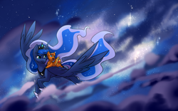 Size: 2000x1250 | Tagged: safe, artist:cosmalumi, artist:its-gloomy, imported from derpibooru, princess luna, oc, oc:fireheart, oc:fireheart(fire), alicorn, bat pony, hybrid, pegasus, pony, cloud, foal, night, night sky, pegabat, sky