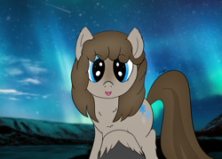 Size: 3011x2160 | Tagged: safe, anonymous artist, imported from derpibooru, oc, oc only, oc:frosty flakes, pony, /mlp/, aurora borealis, chest fluff, cutie mark, ear fluff, female, fetlock tuft, fluffy, high res, hooves, looking at you, night sky background, smiling, smiling at you, snow mare, snowpony (species), solo, taiga pony, yakutian horse