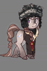 Size: 960x1440 | Tagged: safe, artist:rirurirue, imported from derpibooru, oc, oc only, oc:boreal blanket, pony, braid, braided tail, clothes, fur hat, gray background, hat, jacket, simple background, snow mare, snowpony (species), solo, taiga pony, ushanka, yakutian horse