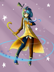 Size: 1500x2000 | Tagged: safe, artist:yuris, imported from derpibooru, dj pon-3, vinyl scratch, human, equestria girls, abstract background, gravity falls, magic, smiling, solo