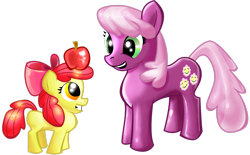 Size: 3107x1929 | Tagged: safe, artist:shadow-rhapsody, imported from derpibooru, apple bloom, cheerilee, earth pony, pony, apple, female, filly, food, grin, mare, simple background, smiling, transparent background