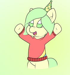 Size: 2550x2717 | Tagged: safe, artist:sparkfler85, derpibooru exclusive, imported from derpibooru, oc, oc only, oc:yellow mash, earth pony, pony, bipedal, clothes, hat, high res, male, open mouth, party hat, raised hooves, simple background, solo, sweater