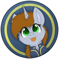 Size: 1210x1200 | Tagged: safe, artist:rokosmith26, imported from derpibooru, oc, oc only, oc:littlepip, pony, unicorn, fallout equestria, :p, bust, cheek fluff, clothes, commission, cute, ear fluff, eye clipping through hair, female, horn, mare, neck fluff, ocbetes, pipabetes, simple background, solo, tongue out, unicorn oc, ych example, your character here