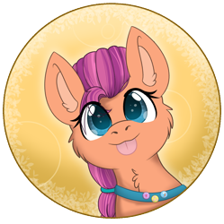 Size: 1210x1213 | Tagged: safe, alternate version, artist:rokosmith26, imported from derpibooru, sunny starscout, earth pony, pony, alternate character, bust, cheek fluff, cute, ear fluff, female, fluttershy's cutie mark, g5, hairband, mare, neck fluff, rainbow dash's cutie mark, simple background, solo, sunnybetes, tongue out, twilight sparkle's cutie mark, ych example, your character here