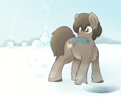 Size: 2379x1914 | Tagged: safe, artist:czu, imported from derpibooru, oc, oc only, oc:wayfinder, fish, pony, /mlp/, 4chan, chest fluff, ear fluff, ears, fishing, fluffy, food, ice, ice fishing, ice hole, igloo, male, meat, mouth hold, ponies eating fish, ponies eating meat, snow mare, snowpony (species), solo, stallion, taiga pony, unshorn fetlocks, wet, yakutian horse