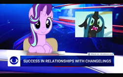 Size: 1084x677 | Tagged: safe, edit, edited screencap, imported from derpibooru, screencap, queen chrysalis, starlight glimmer, changeling, pony, unicorn, series:equestrian propaganda of success, to where and back again, chair, female, mare, meme, news, poland, polish, ponified meme, propaganda parody, sitting, tvp