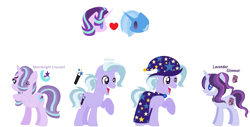 Size: 1529x774 | Tagged: safe, artist:1313jaysong1313, imported from derpibooru, starlight glimmer, trixie, oc, oc:allister, oc:lavender glimmer, oc:moonbright crescent, base used, female, lesbian, magical lesbian spawn, offspring, parent:starlight glimmer, parent:trixie, parents:startrix, shipping, simple background, startrix, white background