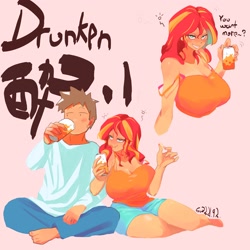 Size: 3000x3000 | Tagged: safe, artist:sozglitch, imported from derpibooru, sunset shimmer, oc, oc:generic messy hair anime anon, human, alcohol, big breasts, blushing, breasts, busty sunset shimmer, clothes, drink, drinking, drunk, drunker shimmer, drunkset shimmer, female, go home you're drunk, high res, huge breasts, humanized, japanese, male, pink background, shorts, simple background