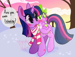 Size: 1200x918 | Tagged: safe, artist:computershit, artist:cutiesparke, imported from derpibooru, spike, twilight sparkle, dragon, pony, unicorn, winter wrap up, breath, clothes, cloud, eye clipping through hair, hoof marking, looking at you, scarf, snow, speech bubble, sunset, tree, unicorn twilight, wingless spike, winter