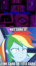 Size: 500x897 | Tagged: safe, edit, edited screencap, imported from derpibooru, imported from ponybooru, screencap, rainbow dash, 28 pranks later, equestria girls, fry meme, futurama, meme, rainbow dash is best facemaker, spongebob squarepants, spongebob time card, title card