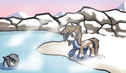 Size: 1737x1010 | Tagged: safe, artist:neuro, imported from derpibooru, oc, oc only, pony, female, hot springs, mare, mountain, rock, snow, snow mare, snowpony (species), taiga pony, water, yakutian horse