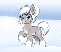 Size: 2540x2160 | Tagged: safe, artist:confetticakez, imported from derpibooru, oc, oc only, oc:snow shoes, pony, /mlp/, bangs, blue eyes, chest fluff, coat markings, cute, ear fluff, eyebrows, eyebrows visible through hair, eyelashes, female, fluffy, gray coat, hair bun, high res, hoof fluff, hoofprints, leg fluff, looking at you, mare, pale belly, ponybooru import, raised hoof, raised leg, short tail, smiling, smiling at you, snow, snow mare, snowfall, snowmare, snowpony (species), snowy background, socks (coat marking), socks (coat markings), solo, taiga pony, tail, white mane, yakutian horse