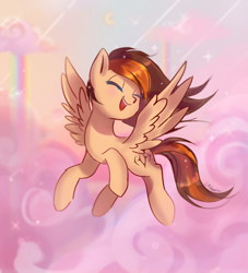 Size: 1000x1100 | Tagged: safe, artist:finlywhisk, imported from derpibooru, oc, oc only, oc:aerion featherquill, pegasus, pony, cloud, commission, eyes closed, female, flying, happy, mare, rainbow, scenery, solo, wings, ych result