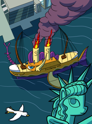 Size: 953x1280 | Tagged: source needed, safe, artist:sergeant16bit, imported from derpibooru, smolder, bird, seagull, anchor, fire, inanimate tf, manehattan, not salmon, ocean, peace sign, ship, smiling, smoke, statue of friendship, statue of liberty, transformation, vehicle, wat
