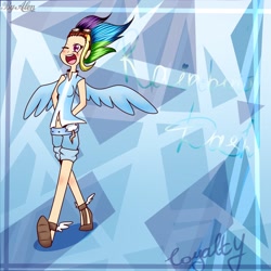 Size: 1024x1024 | Tagged: safe, artist:gnidagovnida, imported from derpibooru, rainbow dash, human, abstract background, arm behind back, clothes, female, goggles, humanized, one eye closed, open mouth, open smile, smiling, solo, volumetric mouth, winged humanization, winged shoes, wings