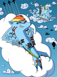 Size: 953x1280 | Tagged: source needed, safe, artist:sergeant16bit, imported from derpibooru, rainbow dash, airplane dash, alternate universe, arm behind head, balloon, cloud, cloudsdale, grin, helicopter, inanimate tf, lying down, on a cloud, on back, one eye closed, plane, planeified, rainbow dash's house, smiling, smirk, species swap, transformation, uncanny valley, vehicle