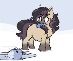 Size: 1052x870 | Tagged: safe, artist:somefrigginnerd, imported from derpibooru, oc, oc only, fish, pony, seal, chest fluff, eyebrows, eyebrows visible through hair, female, ice, ice fishing, looking at each other, looking down, looking up, mare, mouth hold, snow, snow mare, snowpony (species), taiga pony, yakutian horse