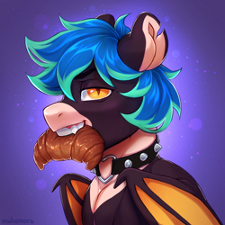 Size: 1796x1796 | Tagged: safe, artist:muhomora, imported from derpibooru, oc, oc only, oc:fran, bat pony, pony, bat pony oc, bread, coat markings, collar, croissant, facial markings, food, gift art, mouth hold, snip (coat marking), solo, spiked collar, torn ear