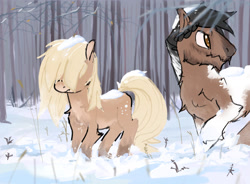 Size: 2737x2015 | Tagged: safe, artist:rirurirue, imported from derpibooru, oc, oc only, oc:avalanche, pony, female, forest, hair over eyes, high res, male, mare, snow, snow mare, snowpony (species), stallion, taiga pony, yakutian horse