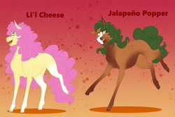 Size: 3000x2000 | Tagged: safe, artist:inisealga, imported from derpibooru, li'l cheese, oc, oc:jalapeño popper, earth pony, the last problem, earth pony oc, female, high res, male, offspring, parent:cheese sandwich, parent:pinkie pie, parents:cheesepie, transgender