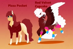 Size: 3000x2000 | Tagged: safe, artist:inisealga, imported from derpibooru, oc, oc only, oc:pizza pockets, oc:red velvet cupcake, earth pony, pegasus, pony, clothes, duo, duo female, earth pony oc, female, females only, flannel, high res, mare, offspring, parent:cheese sandwich, parent:pinkie pie, parents:cheesepie, pegasus oc, simple background, socks, spread wings, wings