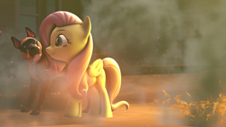 Size: 1920x1080 | Tagged: safe, artist:bronydj, imported from derpibooru, fluttershy, dog, pegasus, pony, fire, sand, smoke