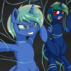 Size: 2000x2000 | Tagged: safe, imported from derpibooru, part of a set, oc, oc only, oc:fury spark, oc:nova spark, monster pony, original species, tatzlpony, fangs, female, grin, smiling, tied up