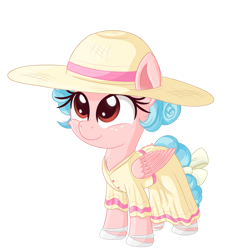 Size: 1024x1112 | Tagged: safe, artist:vito, imported from ponybooru, cozy glow, pegasus, pony, c:, chest fluff, clothes, cozybetes, cute, dress, female, filly, freckles, hat, hoof shoes, simple background, smiling, solo, summer dress, transparent background