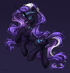 Size: 2086x2160 | Tagged: safe, artist:konejo, imported from derpibooru, nightmare rarity, pony, unicorn, dark background, dock, fangs, female, grin, looking at you, looking sideways, mare, purple background, side view, simple background, smiling, solo